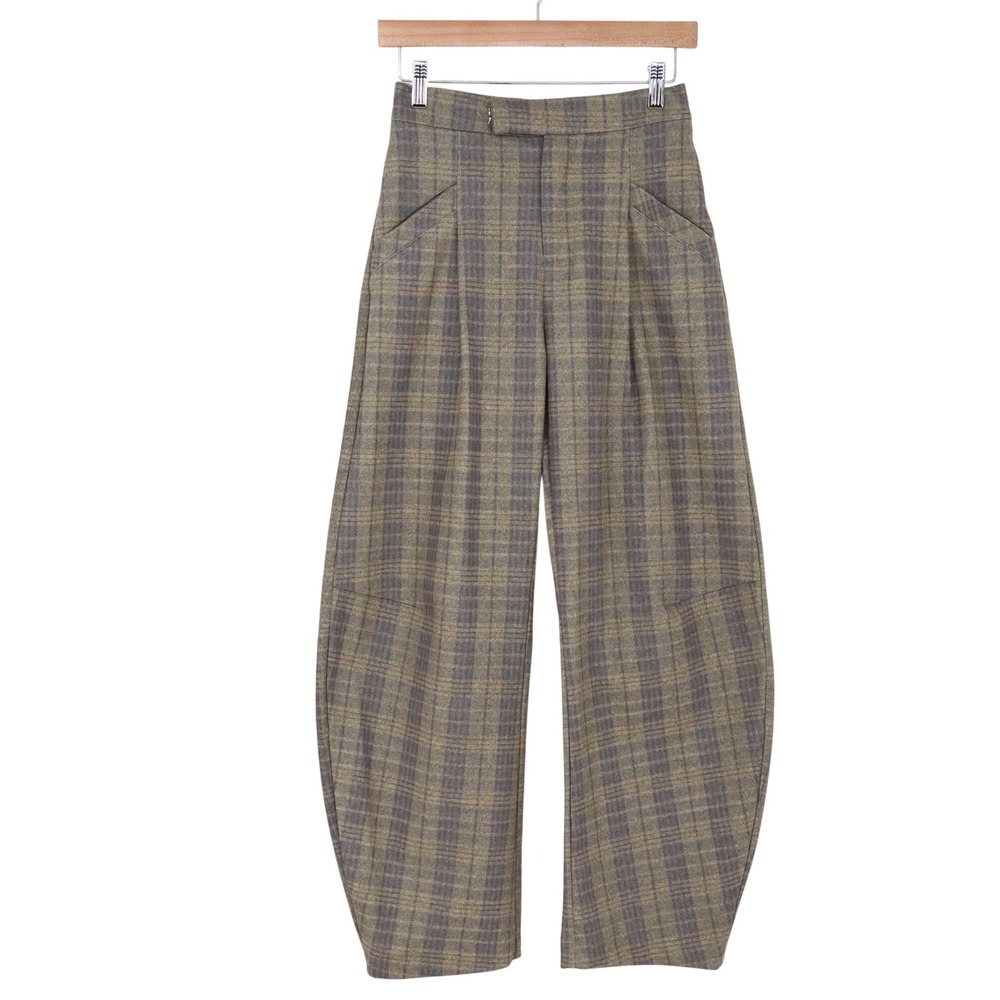 Unbranded Trousers Womens S Barrel Leg Plaid Olive Grey Balloon Pants Excellent